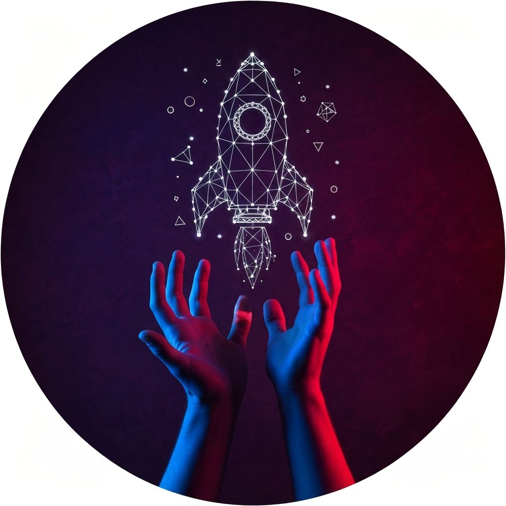 Hands reaching toward a wireframe rocket — symbolizing innovation